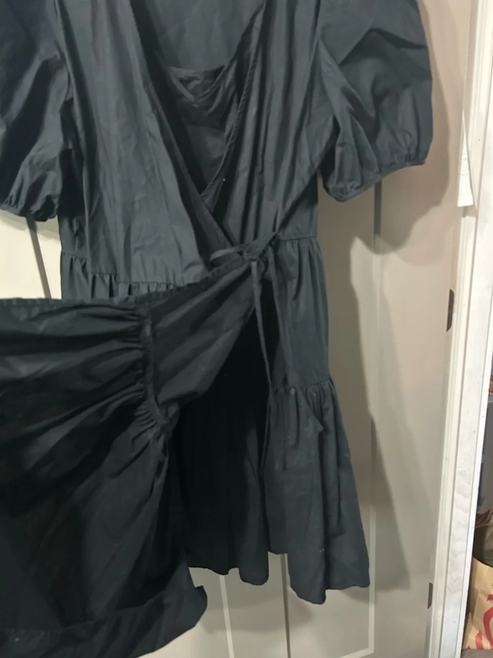 J. Crew Puff-sleeve cotton poplin wrap dress black tiered a-line preppy casual